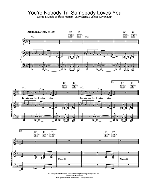 Preview Jamie Cullum You're Nobody Till Somebody Loves You Jazz sheet music, notes and chords for Piano, Vocal & Guitar, SKU: 27033 sheet music, piano notes, chords, guitar tabs, score, transpose, transcribe, how to play, guide, download, learn, tutorial, progression, song, artist, awards, billboard, mtv, vh1, tour, single, album, release