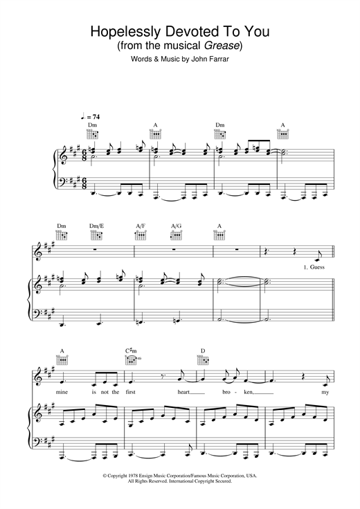 Preview Olivia Newton-John Hopelessly Devoted To You (from Grease) Pop sheet music, notes and chords for Piano, Vocal & Guitar, SKU: 27038 sheet music, piano notes, chords, guitar tabs, score, transpose, transcribe, how to play, guide, download, learn, tutorial, progression, song, artist, awards, billboard, mtv, vh1, tour, single, album, release