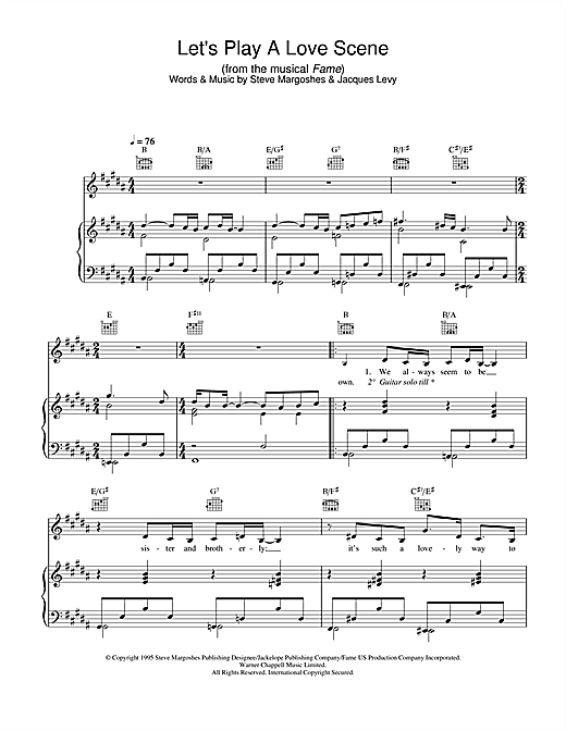 Preview Steve Margoshes Let's Play A Love Scene (from Fame) Musicals sheet music, notes and chords for Piano, Vocal & Guitar, SKU: 27039 sheet music, piano notes, chords, guitar tabs, score, transpose, transcribe, how to play, guide, download, learn, tutorial, progression, song, artist, awards, billboard, mtv, vh1, tour, single, album, release