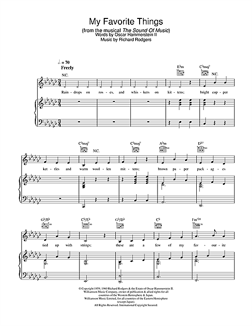 Preview Julie Andrews My Favorite Things (from The Sound Of Music) Musicals sheet music, notes and chords for Piano, Vocal & Guitar (Right-Hand Melody), SKU: 27040 sheet music, piano notes, chords, guitar tabs, score, transpose, transcribe, how to play, guide, download, learn, tutorial, progression, song, artist, awards, billboard, mtv, vh1, tour, single, album, release