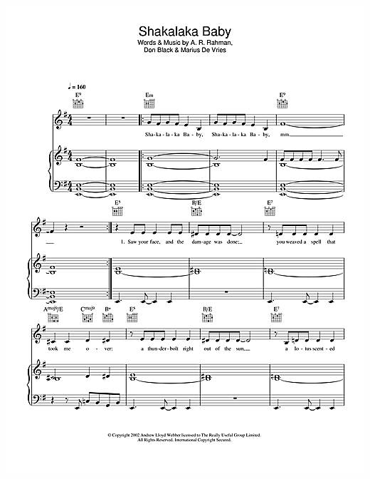 Preview A. R. Rahman Shakalaka Baby (from Bombay Dreams) Musicals sheet music, notes and chords for Piano, Vocal & Guitar, SKU: 27043 sheet music, piano notes, chords, guitar tabs, score, transpose, transcribe, how to play, guide, download, learn, tutorial, progression, song, artist, awards, billboard, mtv, vh1, tour, single, album, release