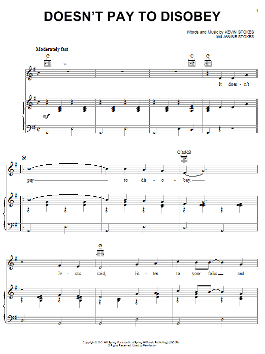 Preview Kevin Stokes Doesn't Pay To Disobey Children sheet music, notes and chords for Piano, Vocal & Guitar (Right-Hand Melody), SKU: 27047 sheet music, piano notes, chords, guitar tabs, score, transpose, transcribe, how to play, guide, download, learn, tutorial, progression, song, artist, awards, billboard, mtv, vh1, tour, single, album, release