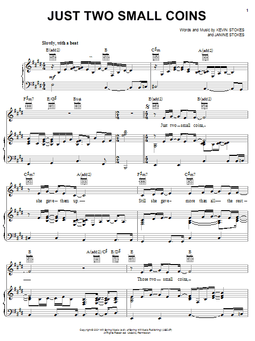 Preview Kevin Stokes Just Two Small Coins Children sheet music, notes and chords for Piano, Vocal & Guitar (Right-Hand Melody), SKU: 27054 sheet music, piano notes, chords, guitar tabs, score, transpose, transcribe, how to play, guide, download, learn, tutorial, progression, song, artist, awards, billboard, mtv, vh1, tour, single, album, release