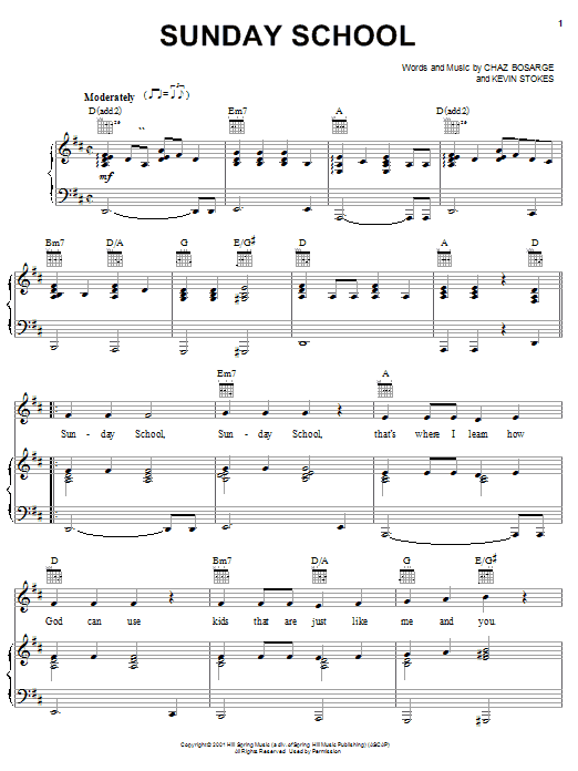 Preview Chaz Bosarge Sunday School Children sheet music, notes and chords for Piano, Vocal & Guitar (Right-Hand Melody), SKU: 27058 sheet music, piano notes, chords, guitar tabs, score, transpose, transcribe, how to play, guide, download, learn, tutorial, progression, song, artist, awards, billboard, mtv, vh1, tour, single, album, release