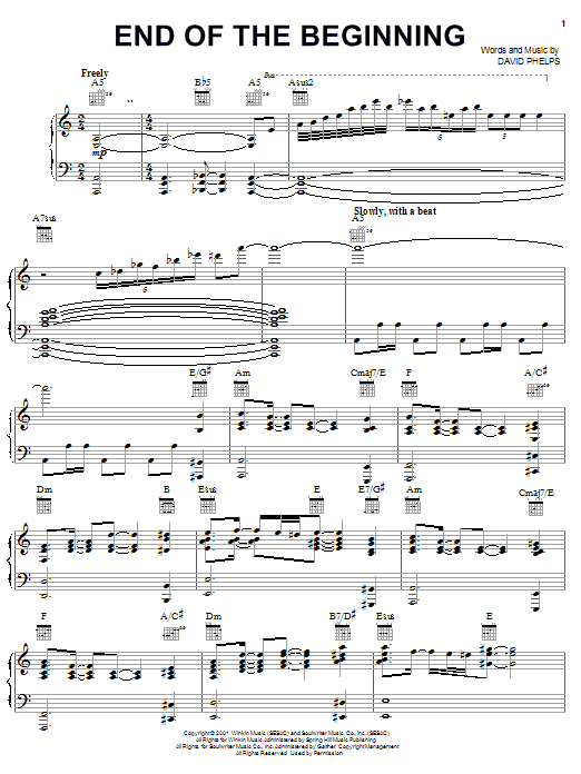 Preview David Phelps End Of The Beginning Religious sheet music, notes and chords for Piano, Vocal & Guitar (Right-Hand Melody), SKU: 27063 sheet music, piano notes, chords, guitar tabs, score, transpose, transcribe, how to play, guide, download, learn, tutorial, progression, song, artist, awards, billboard, mtv, vh1, tour, single, album, release