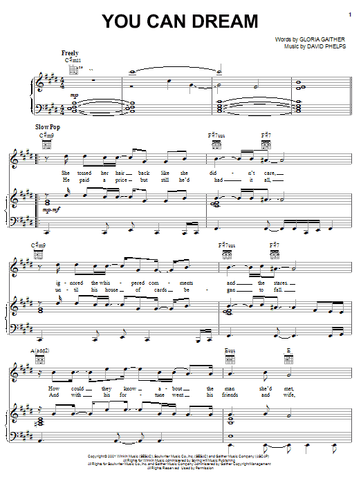 Preview David Phelps You Can Dream Religious sheet music, notes and chords for Piano, Vocal & Guitar (Right-Hand Melody), SKU: 27064 sheet music, piano notes, chords, guitar tabs, score, transpose, transcribe, how to play, guide, download, learn, tutorial, progression, song, artist, awards, billboard, mtv, vh1, tour, single, album, release