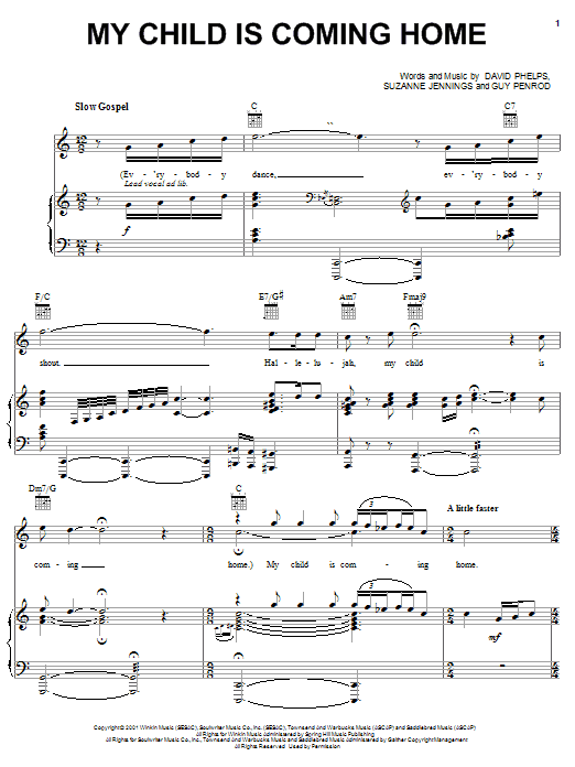 Preview David Phelps My Child Is Coming Home Religious sheet music, notes and chords for Piano, Vocal & Guitar (Right-Hand Melody), SKU: 27066 sheet music, piano notes, chords, guitar tabs, score, transpose, transcribe, how to play, guide, download, learn, tutorial, progression, song, artist, awards, billboard, mtv, vh1, tour, single, album, release