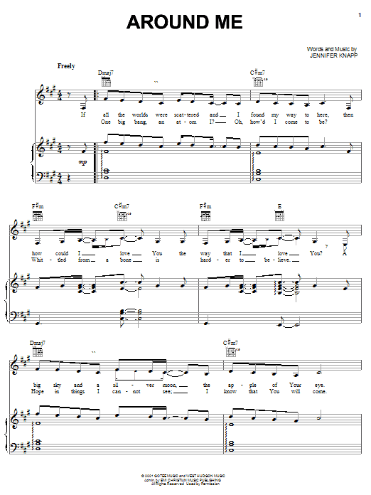 Preview Jennifer Knapp Around Me Rock sheet music, notes and chords for Piano, Vocal & Guitar (Right-Hand Melody), SKU: 27067 sheet music, piano notes, chords, guitar tabs, score, transpose, transcribe, how to play, guide, download, learn, tutorial, progression, song, artist, awards, billboard, mtv, vh1, tour, single, album, release