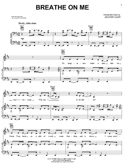 Preview Jennifer Knapp Breathe On Me Rock sheet music, notes and chords for Piano, Vocal & Guitar (Right-Hand Melody), SKU: 27068 sheet music, piano notes, chords, guitar tabs, score, transpose, transcribe, how to play, guide, download, learn, tutorial, progression, song, artist, awards, billboard, mtv, vh1, tour, single, album, release