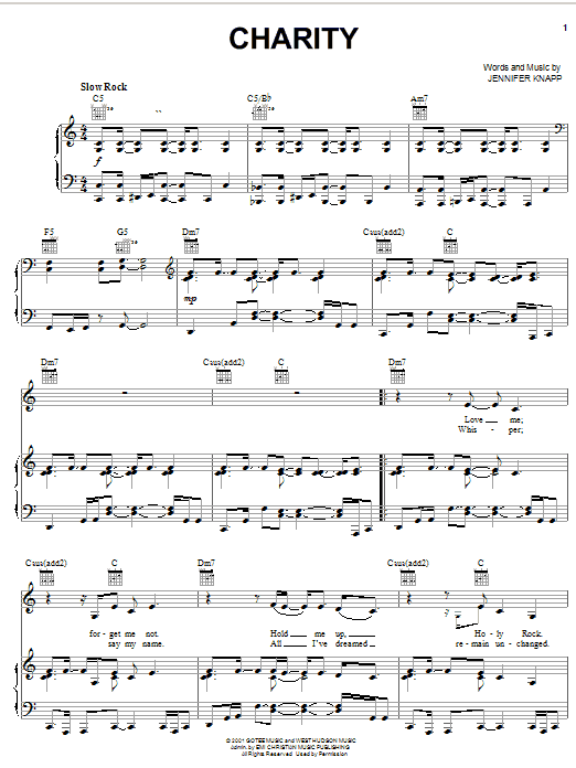 Preview Jennifer Knapp Charity Rock sheet music, notes and chords for Piano, Vocal & Guitar (Right-Hand Melody), SKU: 27070 sheet music, piano notes, chords, guitar tabs, score, transpose, transcribe, how to play, guide, download, learn, tutorial, progression, song, artist, awards, billboard, mtv, vh1, tour, single, album, release