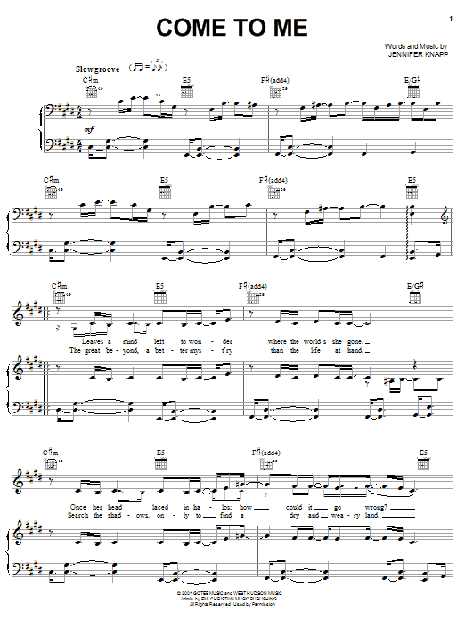 Preview Jennifer Knapp Come To Me Rock sheet music, notes and chords for Piano, Vocal & Guitar (Right-Hand Melody), SKU: 27071 sheet music, piano notes, chords, guitar tabs, score, transpose, transcribe, how to play, guide, download, learn, tutorial, progression, song, artist, awards, billboard, mtv, vh1, tour, single, album, release