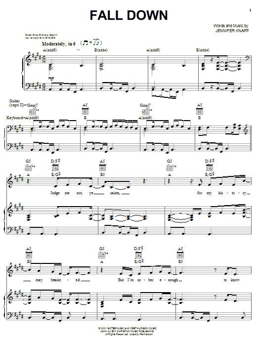 Preview Jennifer Knapp Fall Down Rock sheet music, notes and chords for Piano, Vocal & Guitar (Right-Hand Melody), SKU: 27072 sheet music, piano notes, chords, guitar tabs, score, transpose, transcribe, how to play, guide, download, learn, tutorial, progression, song, artist, awards, billboard, mtv, vh1, tour, single, album, release