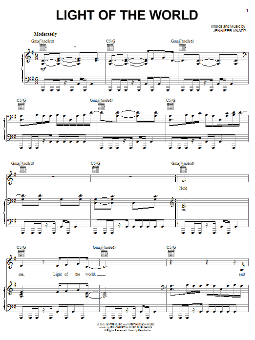 Preview Jennifer Knapp Light Of The World Rock sheet music, notes and chords for Piano, Vocal & Guitar (Right-Hand Melody), SKU: 27074 sheet music, piano notes, chords, guitar tabs, score, transpose, transcribe, how to play, guide, download, learn, tutorial, progression, song, artist, awards, billboard, mtv, vh1, tour, single, album, release