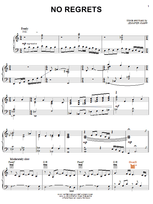 Preview Jennifer Knapp No Regrets Rock sheet music, notes and chords for Piano, Vocal & Guitar (Right-Hand Melody), SKU: 27075 sheet music, piano notes, chords, guitar tabs, score, transpose, transcribe, how to play, guide, download, learn, tutorial, progression, song, artist, awards, billboard, mtv, vh1, tour, single, album, release