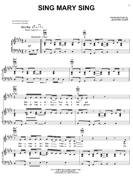 Preview Jennifer Knapp Sing Mary Sing Rock sheet music, notes and chords for Piano, Vocal & Guitar (Right-Hand Melody), SKU: 27077 sheet music, piano notes, chords, guitar tabs, score, transpose, transcribe, how to play, guide, download, learn, tutorial, progression, song, artist, awards, billboard, mtv, vh1, tour, single, album, release