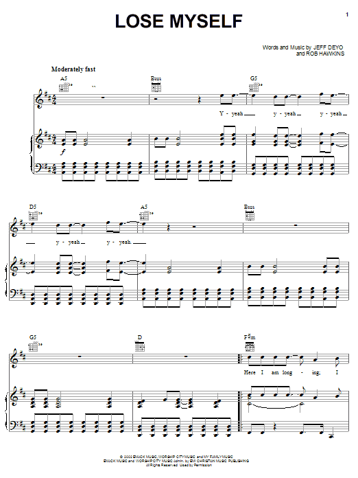 Preview Jeff Deyo Lose Myself Rock sheet music, notes and chords for Piano, Vocal & Guitar (Right-Hand Melody), SKU: 27079 sheet music, piano notes, chords, guitar tabs, score, transpose, transcribe, how to play, guide, download, learn, tutorial, progression, song, artist, awards, billboard, mtv, vh1, tour, single, album, release