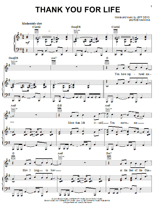 Preview Jeff Deyo Thank You For Life Rock sheet music, notes and chords for Piano, Vocal & Guitar (Right-Hand Melody), SKU: 27080 sheet music, piano notes, chords, guitar tabs, score, transpose, transcribe, how to play, guide, download, learn, tutorial, progression, song, artist, awards, billboard, mtv, vh1, tour, single, album, release
