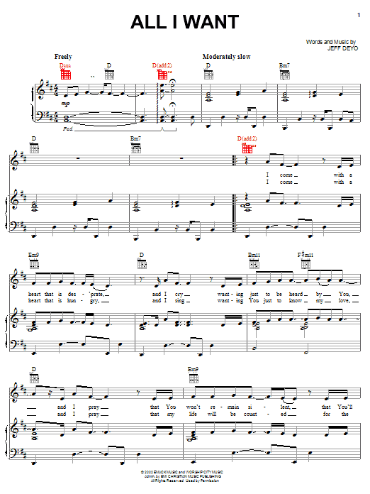 Preview Jeff Deyo All I Want Rock sheet music, notes and chords for Piano, Vocal & Guitar (Right-Hand Melody), SKU: 27083 sheet music, piano notes, chords, guitar tabs, score, transpose, transcribe, how to play, guide, download, learn, tutorial, progression, song, artist, awards, billboard, mtv, vh1, tour, single, album, release