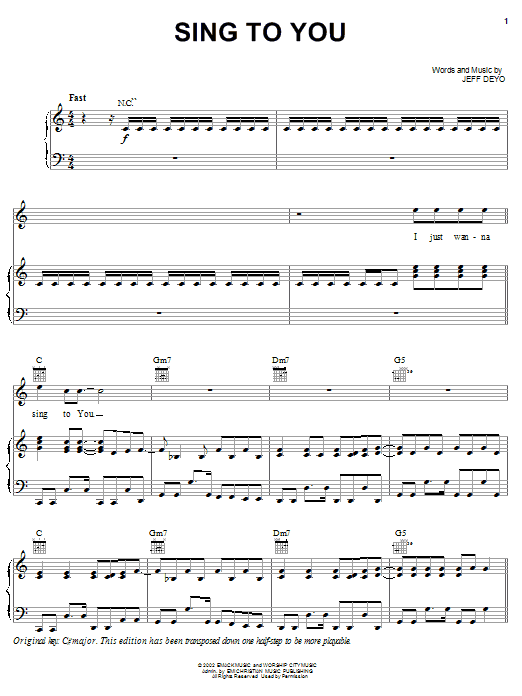 Preview Jeff Deyo Sing To You Rock sheet music, notes and chords for Piano, Vocal & Guitar (Right-Hand Melody), SKU: 27087 sheet music, piano notes, chords, guitar tabs, score, transpose, transcribe, how to play, guide, download, learn, tutorial, progression, song, artist, awards, billboard, mtv, vh1, tour, single, album, release