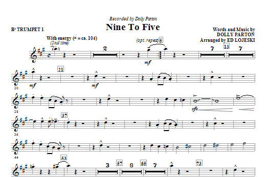 Preview Ed Lojeski Nine To Five - Bb Trumpet 1 Film/TV sheet music, notes and chords for Choral Instrumental Pak, SKU: 270898 sheet music, piano notes, chords, guitar tabs, score, transpose, transcribe, how to play, guide, download, learn, tutorial, progression, song, artist, awards, billboard, mtv, vh1, tour, single, album, release