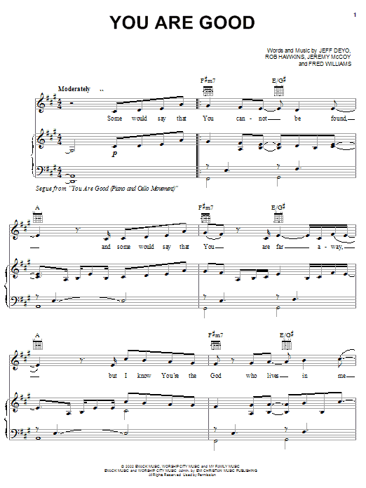 Preview Jeff Deyo You Are Good 3 Rock sheet music, notes and chords for Piano, Vocal & Guitar (Right-Hand Melody), SKU: 27089 sheet music, piano notes, chords, guitar tabs, score, transpose, transcribe, how to play, guide, download, learn, tutorial, progression, song, artist, awards, billboard, mtv, vh1, tour, single, album, release
