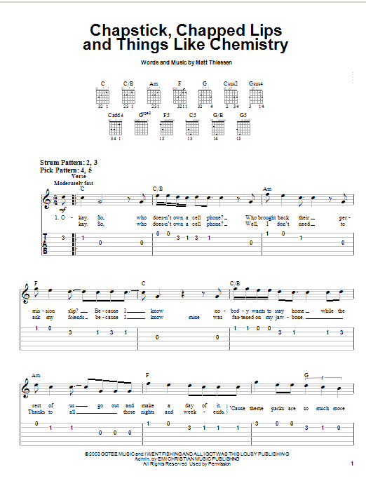 Preview Relient K Chapstick, Chapped Lips And Things Like Chemistry Rock sheet music, notes and chords for Easy Guitar Tab, SKU: 27094 sheet music, piano notes, chords, guitar tabs, score, transpose, transcribe, how to play, guide, download, learn, tutorial, progression, song, artist, awards, billboard, mtv, vh1, tour, single, album, release