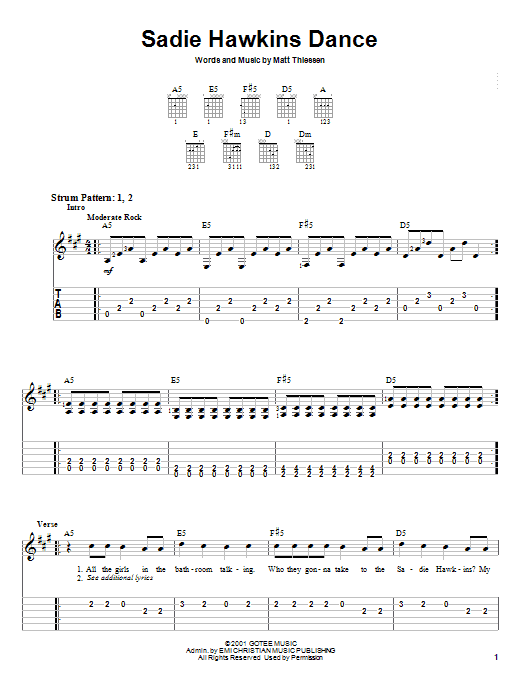 Preview Relient K Sadie Hawkins Dance Rock sheet music, notes and chords for Easy Guitar Tab, SKU: 27095 sheet music, piano notes, chords, guitar tabs, score, transpose, transcribe, how to play, guide, download, learn, tutorial, progression, song, artist, awards, billboard, mtv, vh1, tour, single, album, release