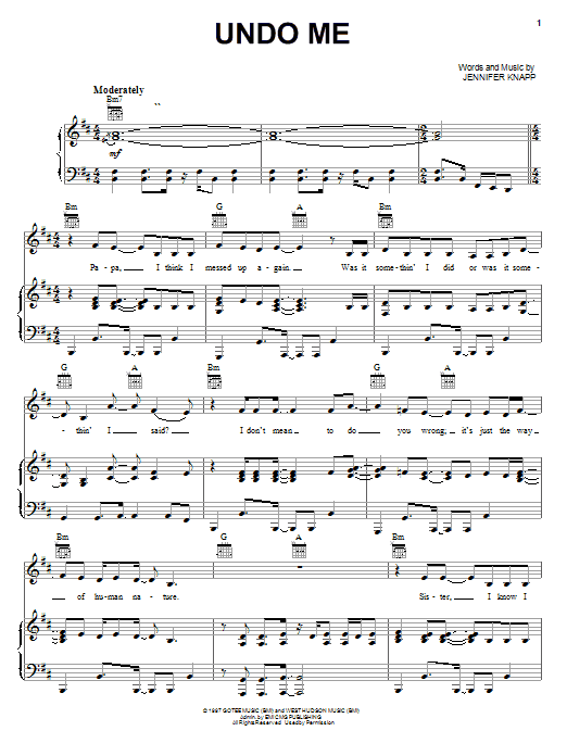 Preview Jennifer Knapp Undo Me Pop sheet music, notes and chords for Piano, Vocal & Guitar (Right-Hand Melody), SKU: 27096 sheet music, piano notes, chords, guitar tabs, score, transpose, transcribe, how to play, guide, download, learn, tutorial, progression, song, artist, awards, billboard, mtv, vh1, tour, single, album, release