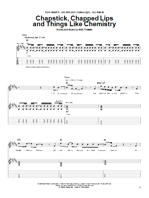 Preview Relient K Chapstick, Chapped Lips And Things Like Chemistry Rock sheet music, notes and chords for Guitar Tab, SKU: 27097 sheet music, piano notes, chords, guitar tabs, score, transpose, transcribe, how to play, guide, download, learn, tutorial, progression, song, artist, awards, billboard, mtv, vh1, tour, single, album, release