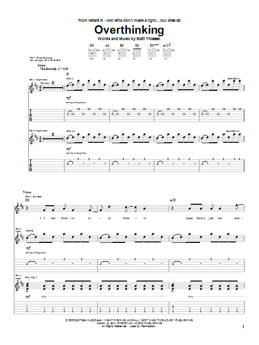Preview Relient K Overthinking Rock sheet music, notes and chords for Guitar Tab, SKU: 27099 sheet music, piano notes, chords, guitar tabs, score, transpose, transcribe, how to play, guide, download, learn, tutorial, progression, song, artist, awards, billboard, mtv, vh1, tour, single, album, release