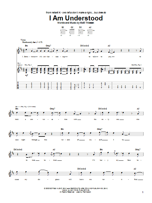 Preview Relient K I Am Understood Rock sheet music, notes and chords for Guitar Tab, SKU: 27103 sheet music, piano notes, chords, guitar tabs, score, transpose, transcribe, how to play, guide, download, learn, tutorial, progression, song, artist, awards, billboard, mtv, vh1, tour, single, album, release