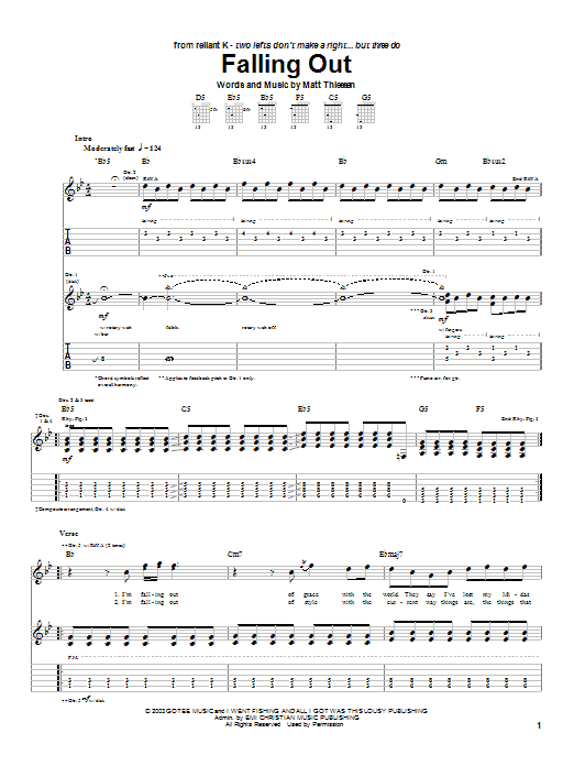 Preview Relient K Falling Out Rock sheet music, notes and chords for Guitar Tab, SKU: 27104 sheet music, piano notes, chords, guitar tabs, score, transpose, transcribe, how to play, guide, download, learn, tutorial, progression, song, artist, awards, billboard, mtv, vh1, tour, single, album, release