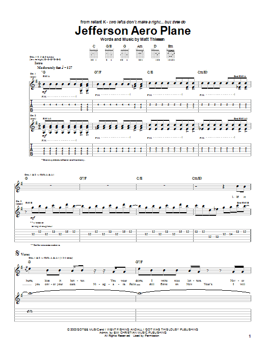 Preview Relient K Jefferson Aero Plane Rock sheet music, notes and chords for Guitar Tab, SKU: 27109 sheet music, piano notes, chords, guitar tabs, score, transpose, transcribe, how to play, guide, download, learn, tutorial, progression, song, artist, awards, billboard, mtv, vh1, tour, single, album, release