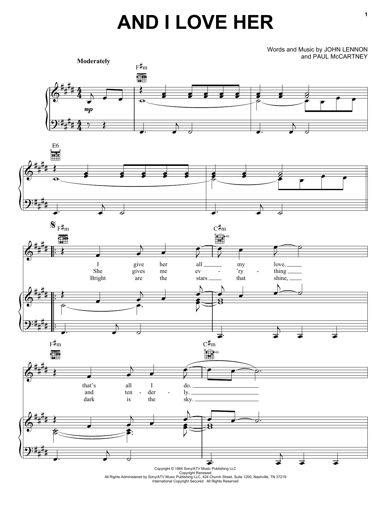 Preview The Beatles And I Love Her Pop sheet music, notes and chords for Piano, Vocal & Guitar (Right-Hand Melody), SKU: 27111 sheet music, piano notes, chords, guitar tabs, score, transpose, transcribe, how to play, guide, download, learn, tutorial, progression, song, artist, awards, billboard, mtv, vh1, tour, single, album, release