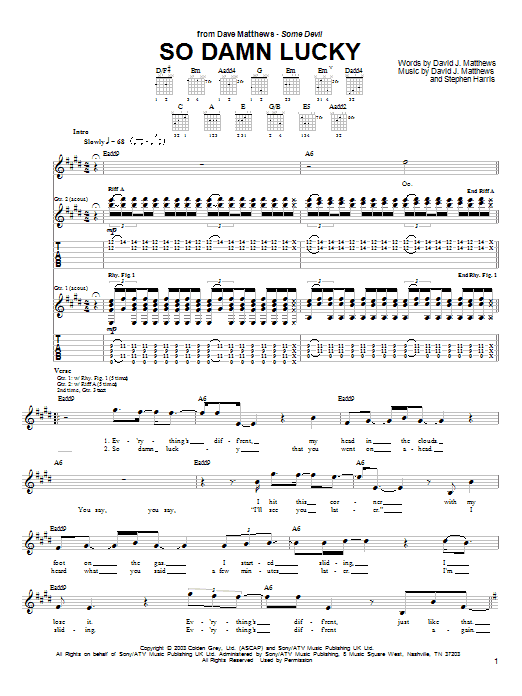 Preview Dave Matthews So Damn Lucky Rock sheet music, notes and chords for Guitar Tab, SKU: 27113 sheet music, piano notes, chords, guitar tabs, score, transpose, transcribe, how to play, guide, download, learn, tutorial, progression, song, artist, awards, billboard, mtv, vh1, tour, single, album, release