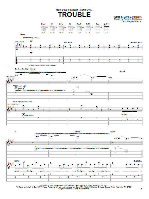 Preview Dave Matthews Trouble Rock sheet music, notes and chords for Guitar Tab, SKU: 27114 sheet music, piano notes, chords, guitar tabs, score, transpose, transcribe, how to play, guide, download, learn, tutorial, progression, song, artist, awards, billboard, mtv, vh1, tour, single, album, release