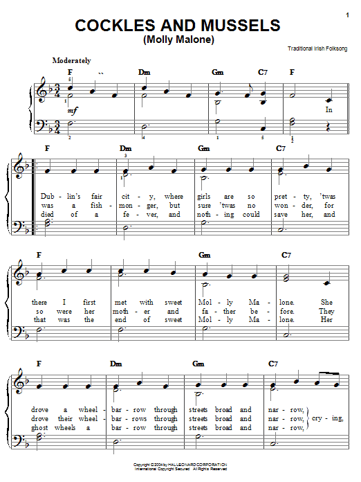 Preview Irish Folksong Cockles And Mussels (Molly Malone) World sheet music, notes and chords for Easy Piano, SKU: 27125 sheet music, piano notes, chords, guitar tabs, score, transpose, transcribe, how to play, guide, download, learn, tutorial, progression, song, artist, awards, billboard, mtv, vh1, tour, single, album, release