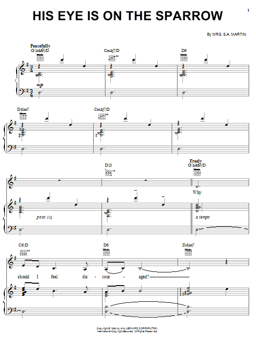 Preview Charles H. Gabriel His Eye Is On The Sparrow Jazz sheet music, notes and chords for Piano, Vocal & Guitar (Right-Hand Melody), SKU: 27130 sheet music, piano notes, chords, guitar tabs, score, transpose, transcribe, how to play, guide, download, learn, tutorial, progression, song, artist, awards, billboard, mtv, vh1, tour, single, album, release
