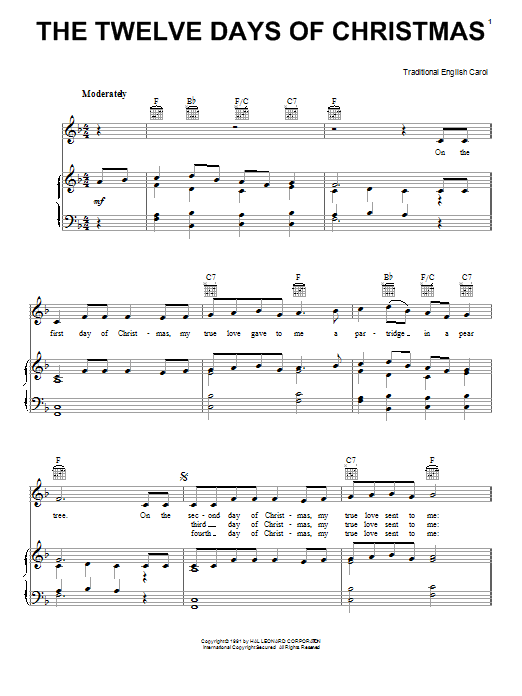 Preview Traditional English Carol The Twelve Days Of Christmas Folk sheet music, notes and chords for Piano, Vocal & Guitar (Right-Hand Melody), SKU: 27134 sheet music, piano notes, chords, guitar tabs, score, transpose, transcribe, how to play, guide, download, learn, tutorial, progression, song, artist, awards, billboard, mtv, vh1, tour, single, album, release