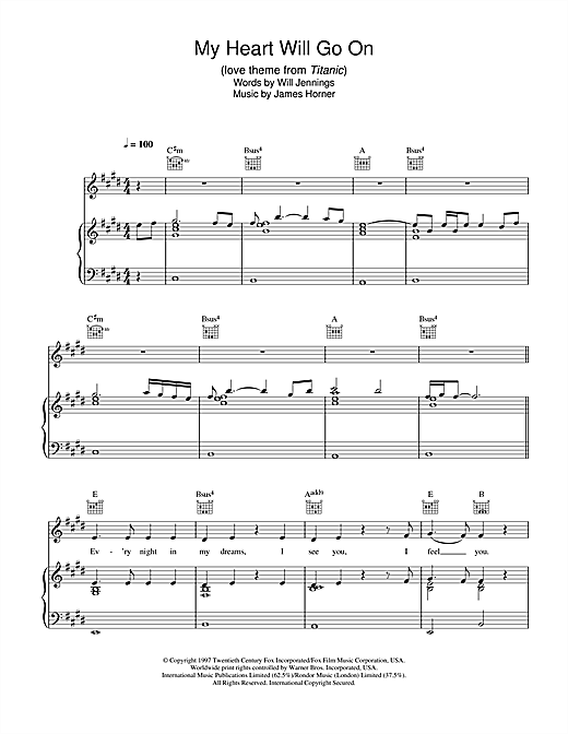 Preview Celine Dion My Heart Will Go On (Love Theme from Titanic) Pop sheet music, notes and chords for Piano, Vocal & Guitar (Right-Hand Melody), SKU: 27139 sheet music, piano notes, chords, guitar tabs, score, transpose, transcribe, how to play, guide, download, learn, tutorial, progression, song, artist, awards, billboard, mtv, vh1, tour, single, album, release