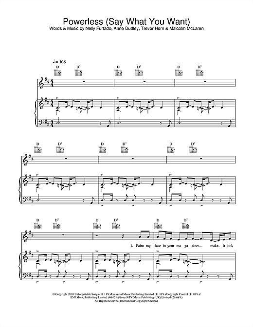 Preview Nelly Furtado Powerless (Say What You Want) Pop sheet music, notes and chords for Piano, Vocal & Guitar, SKU: 27140 sheet music, piano notes, chords, guitar tabs, score, transpose, transcribe, how to play, guide, download, learn, tutorial, progression, song, artist, awards, billboard, mtv, vh1, tour, single, album, release