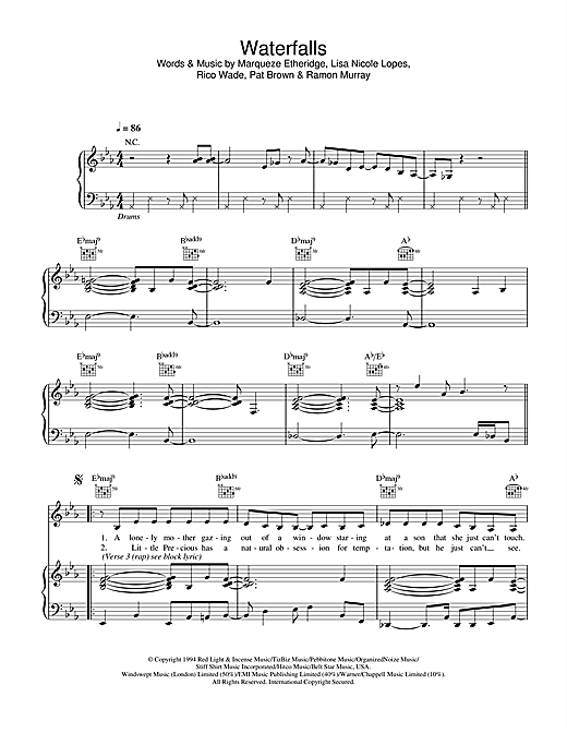 Preview TLC Waterfalls R & B sheet music, notes and chords for Piano, Vocal & Guitar, SKU: 27141 sheet music, piano notes, chords, guitar tabs, score, transpose, transcribe, how to play, guide, download, learn, tutorial, progression, song, artist, awards, billboard, mtv, vh1, tour, single, album, release