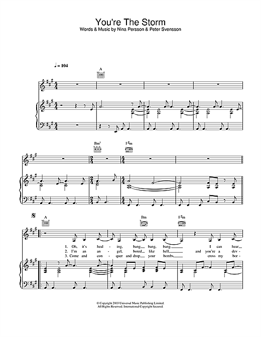Preview The Cardigans You're The Storm Pop sheet music, notes and chords for Piano, Vocal & Guitar, SKU: 27142 sheet music, piano notes, chords, guitar tabs, score, transpose, transcribe, how to play, guide, download, learn, tutorial, progression, song, artist, awards, billboard, mtv, vh1, tour, single, album, release