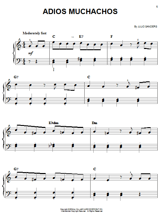 Preview Carlos Gardel Adios Muchachos (Farewell Boys) Jazz sheet music, notes and chords for Easy Piano, SKU: 27146 sheet music, piano notes, chords, guitar tabs, score, transpose, transcribe, how to play, guide, download, learn, tutorial, progression, song, artist, awards, billboard, mtv, vh1, tour, single, album, release