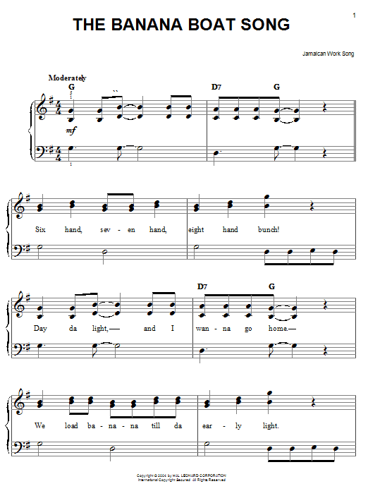 Preview Jamaican Work Song The Banana Boat Song (Day-O) Children sheet music, notes and chords for Easy Piano, SKU: 27152 sheet music, piano notes, chords, guitar tabs, score, transpose, transcribe, how to play, guide, download, learn, tutorial, progression, song, artist, awards, billboard, mtv, vh1, tour, single, album, release