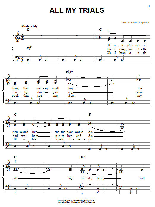 Preview African-American Spiritual All My Trials Hymn sheet music, notes and chords for Easy Piano, SKU: 27154 sheet music, piano notes, chords, guitar tabs, score, transpose, transcribe, how to play, guide, download, learn, tutorial, progression, song, artist, awards, billboard, mtv, vh1, tour, single, album, release