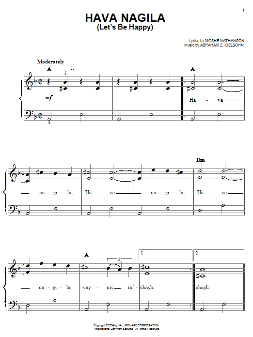 Preview Moshe Nathanson Hava Nagila (Let's Be Happy) Jazz sheet music, notes and chords for Easy Piano, SKU: 27155 sheet music, piano notes, chords, guitar tabs, score, transpose, transcribe, how to play, guide, download, learn, tutorial, progression, song, artist, awards, billboard, mtv, vh1, tour, single, album, release