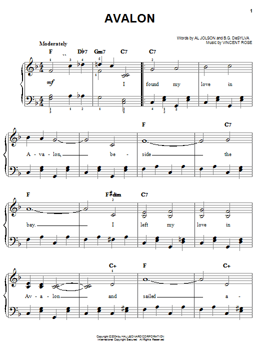 Preview Al Jolson Avalon Jazz sheet music, notes and chords for Easy Piano, SKU: 27159 sheet music, piano notes, chords, guitar tabs, score, transpose, transcribe, how to play, guide, download, learn, tutorial, progression, song, artist, awards, billboard, mtv, vh1, tour, single, album, release