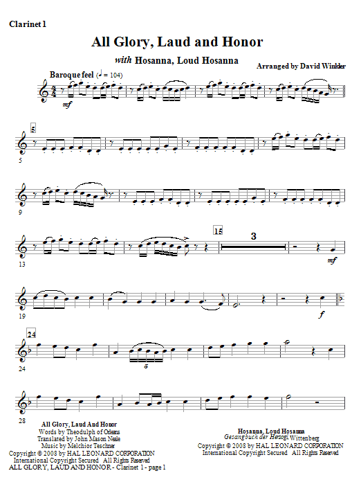 Preview David Winkler All Glory, Laud, And Honor (with Hosanna, Loud Hosanna) - Bb Clarinet 1 Romantic sheet music, notes and chords for Full Orchestra, SKU: 271604 sheet music, piano notes, chords, guitar tabs, score, transpose, transcribe, how to play, guide, download, learn, tutorial, progression, song, artist, awards, billboard, mtv, vh1, tour, single, album, release