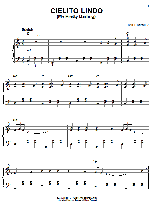 Preview Carlos Fernandez Cielito Lindo (My Pretty Darling) Folk sheet music, notes and chords for Easy Piano, SKU: 27171 sheet music, piano notes, chords, guitar tabs, score, transpose, transcribe, how to play, guide, download, learn, tutorial, progression, song, artist, awards, billboard, mtv, vh1, tour, single, album, release